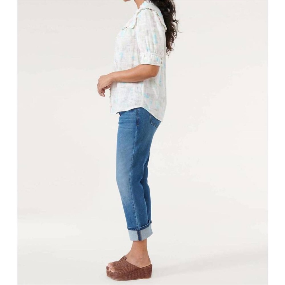Democracy Elbow Sleeve button down ruffle trim yoke woven shirt/top XL - Picture 16 of 16